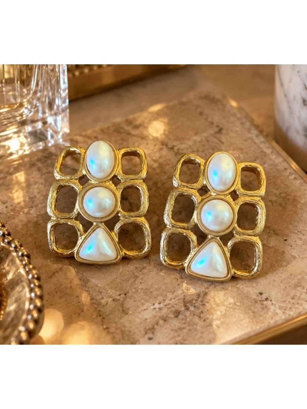 Vintage 80s Avon Modernist Earrings Gold Tone Faux Pearl Cabochon Runway 1.5"